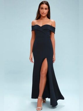 Lulus Song of Love Navy Blue Off-the-Shoulder Maxi Dress Medium